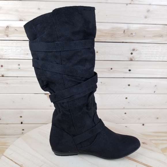 Black Faux Suede Strappy Biker Boot Women's 6 US Pull-on Buckles NEW Bongo ELLIE - Picture 7 of 10